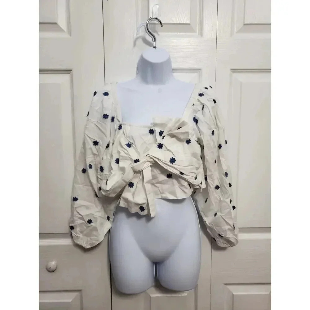 FARM RIO Blue FLowers Long Sleeve Crop SZ XL NWOT - Picture 7 of 9